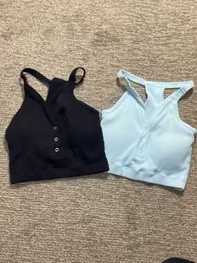 Ribbed Henley Racerback Crop Top - Black & Light Blue